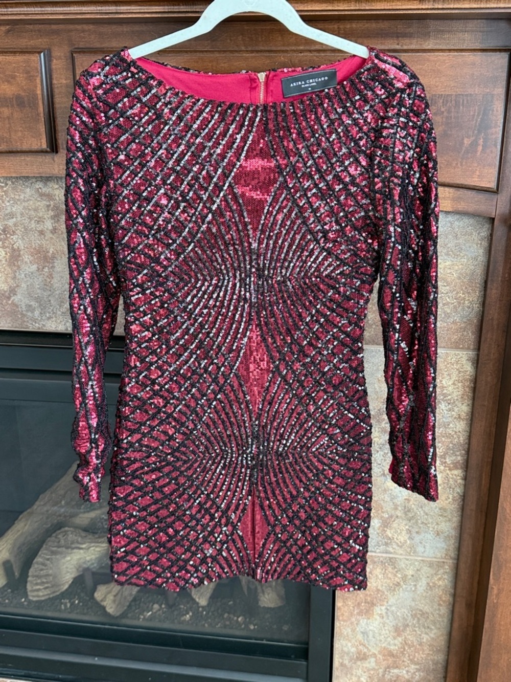 AKIRA CHICAGO Black Label Red and Black Sequin Long-Sleeve Formal Mini Dress M